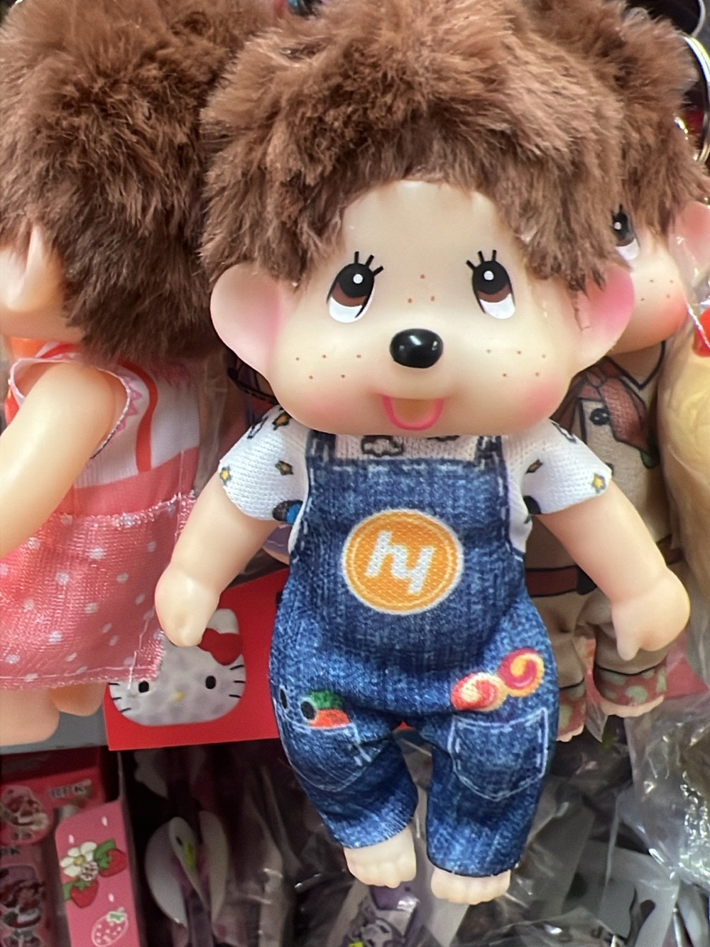 Monchhichi Style Plush Doll in Brown with Denim Overalls